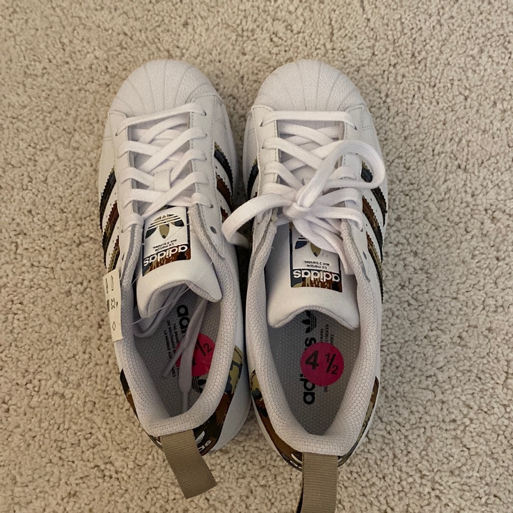 Brand new, never used Adidas Superstar White Savannah Camo